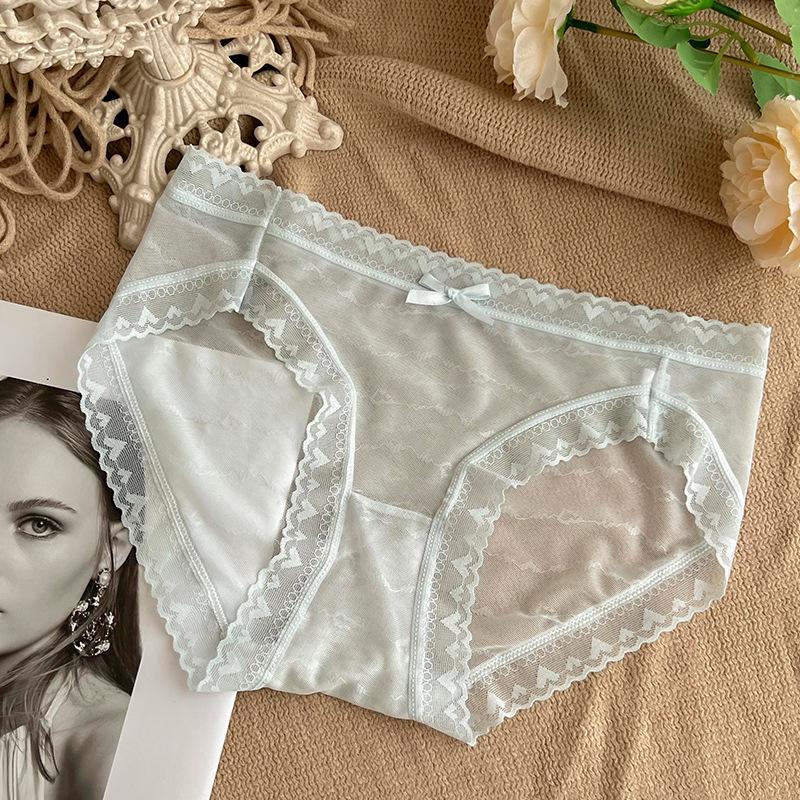 French Lace Ice Silk Mid-Waist Panties - Women's Sexy Semi-Transparent Seamless Briefs with Soft, Breathable Crotch
