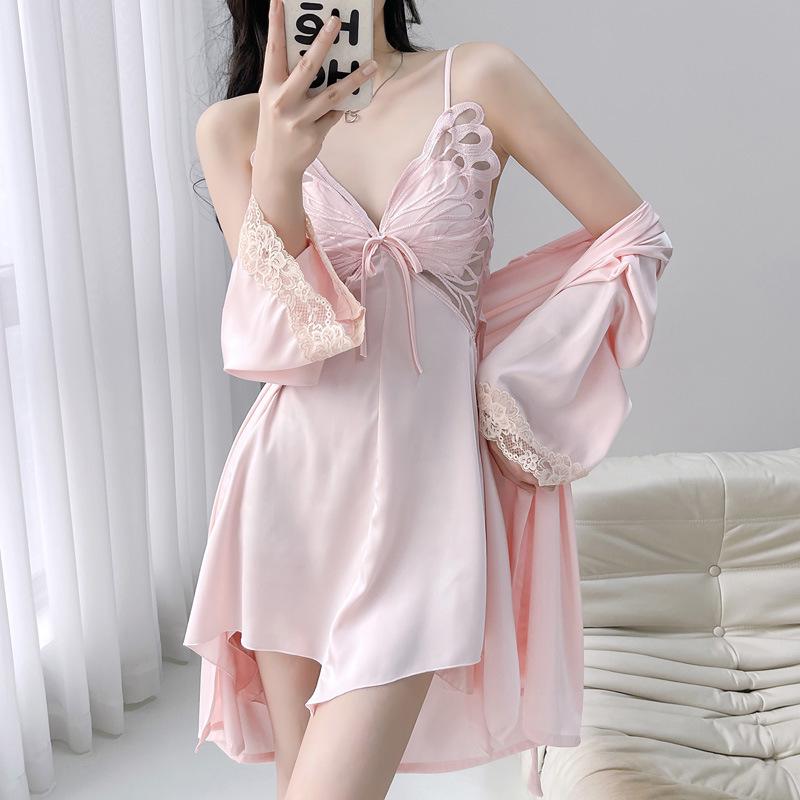Butterfly Lace Backless Ice Silk Pajamas with Chest Pads – Women's Thin Sexy Camisole for Summer, Spring, and Autumn Nights
