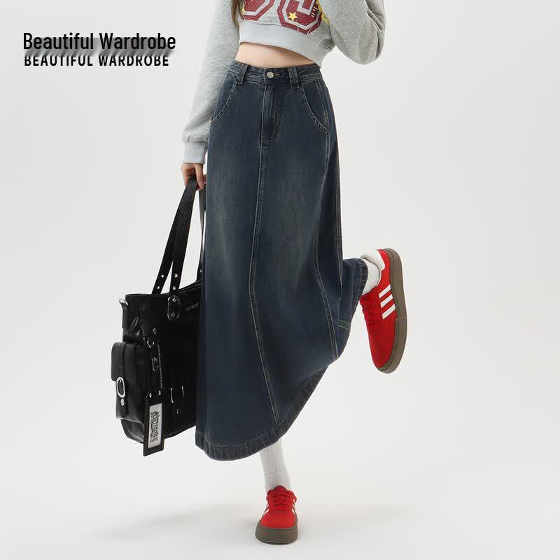 BEAUTIFUL WARDROBE Women's Retro High-Waisted Denim Midi Skirt