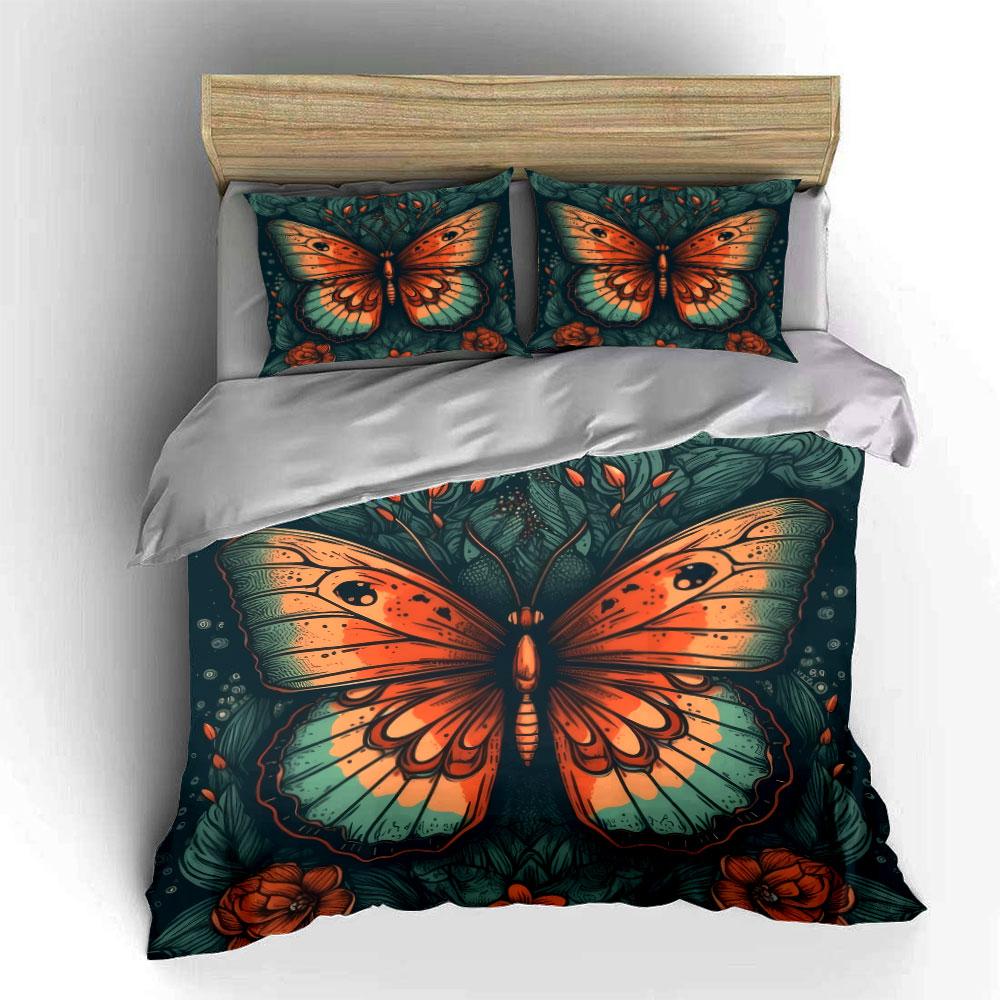 3Pcs Vintage Engraving Butterfly Floral Duvet Cover Set Dark Green Leaf Boho Bedding Single Double King Queen Gift
