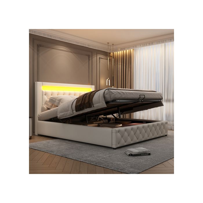 Lit Rembourré - MUVOE - 140 X 200 Cm - Éclairage LED - Rangement Intégré - Blanc