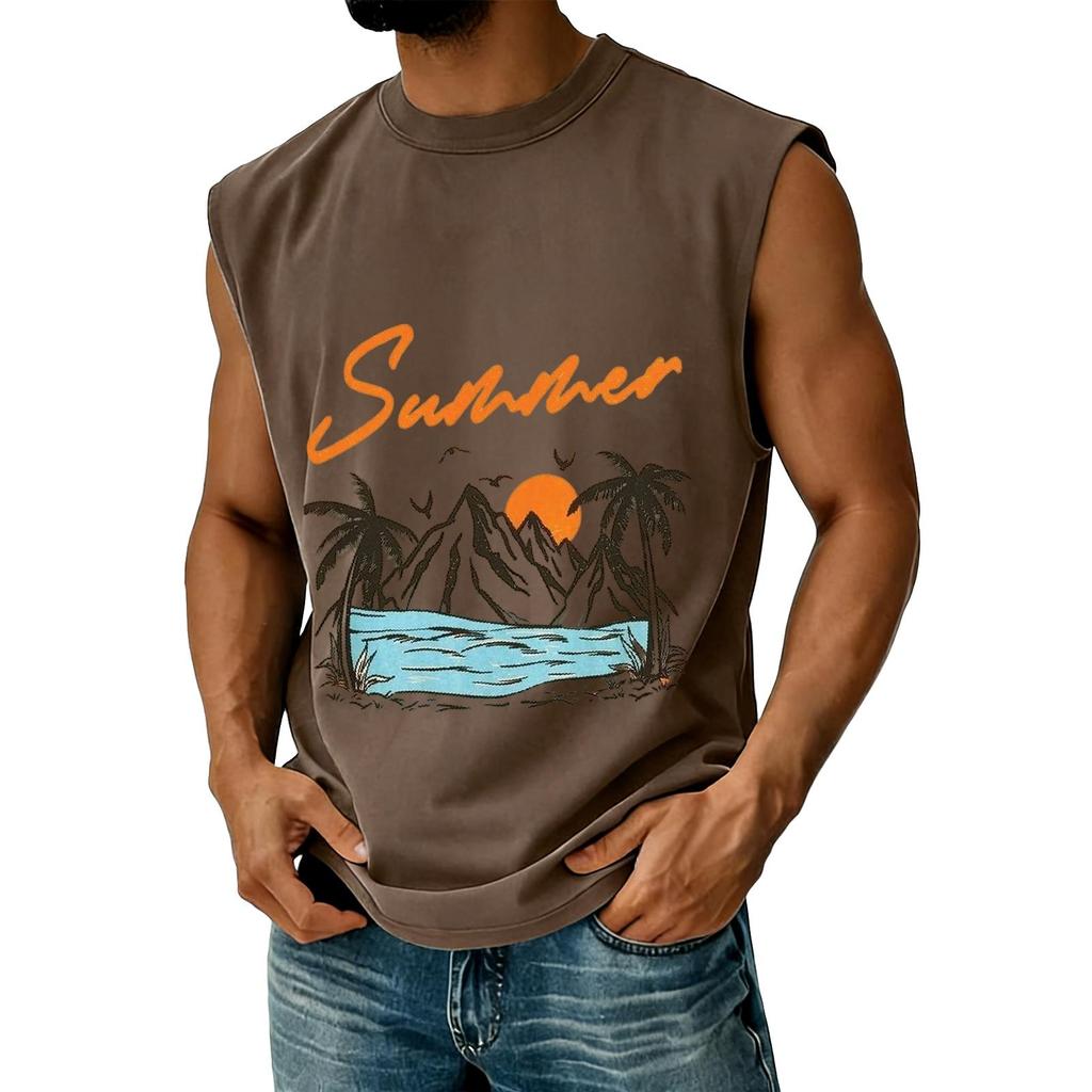 Men's Sleeveless Casual Athletic Vest Summer Graphic Print Muscle Tank Top Outdoor Gym Workout Shirt Beachwear