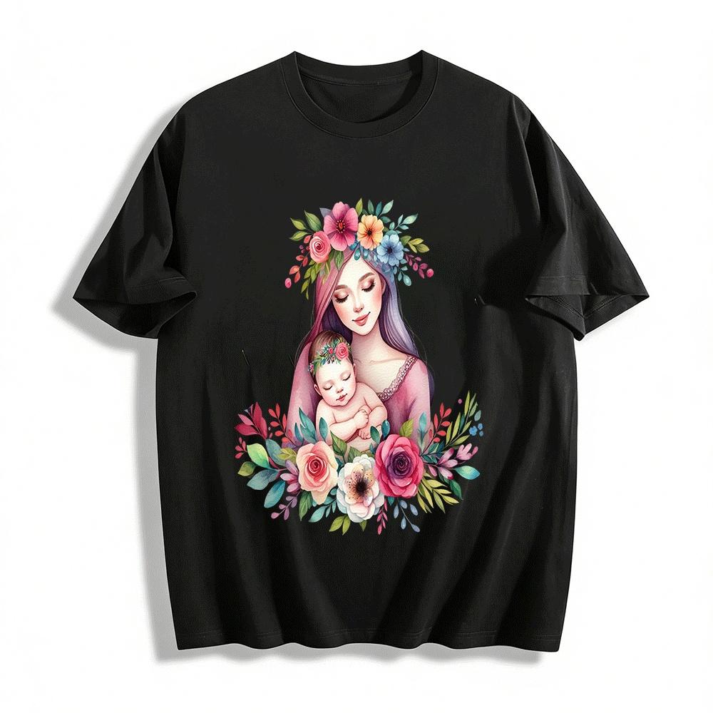 

Floral Print Mom And Baby Loving Hug Casual Top Pure cotton T-shirt XXS