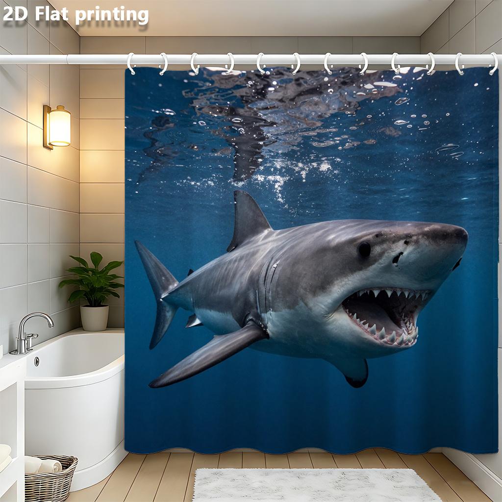 Tenda da Doccia Sottomarina Realistica Squalo Bianco Impermeabile Facile da Pulire Protezione della Privacy Design Artistico Animale Marino Moderno
