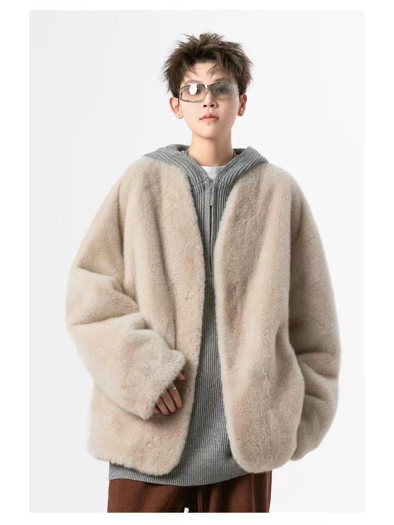 V37 Men's Youth College Style Mink Fur-Lined Winter Coat