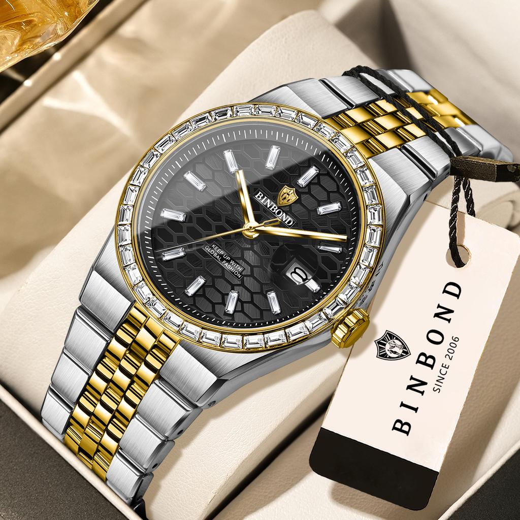 BINBOND Waterproof Precise Auto Date Men's Watch Quartz Watches For Men Luxury Stainless Steel Durable Luminous Casual Reloj