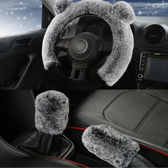 New 3Pcs Winter Plush Fur Car Steering Wheel Cover Hand Brake Handbrake Cover Gear Knob Cover Fluffy Soft Grab cute Styling