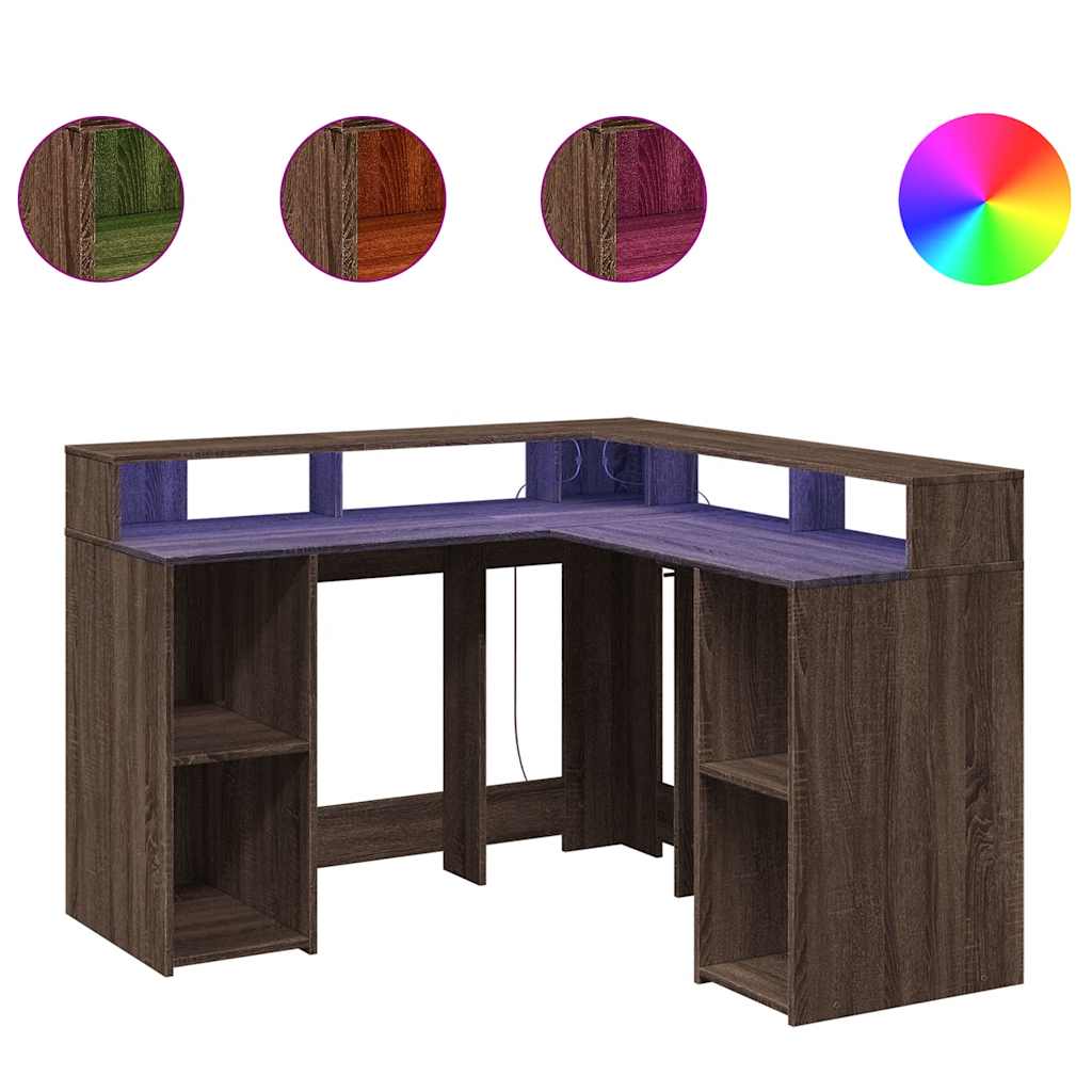 LED Desk in Brown Oak Look 130x130x91 cm Particleboard