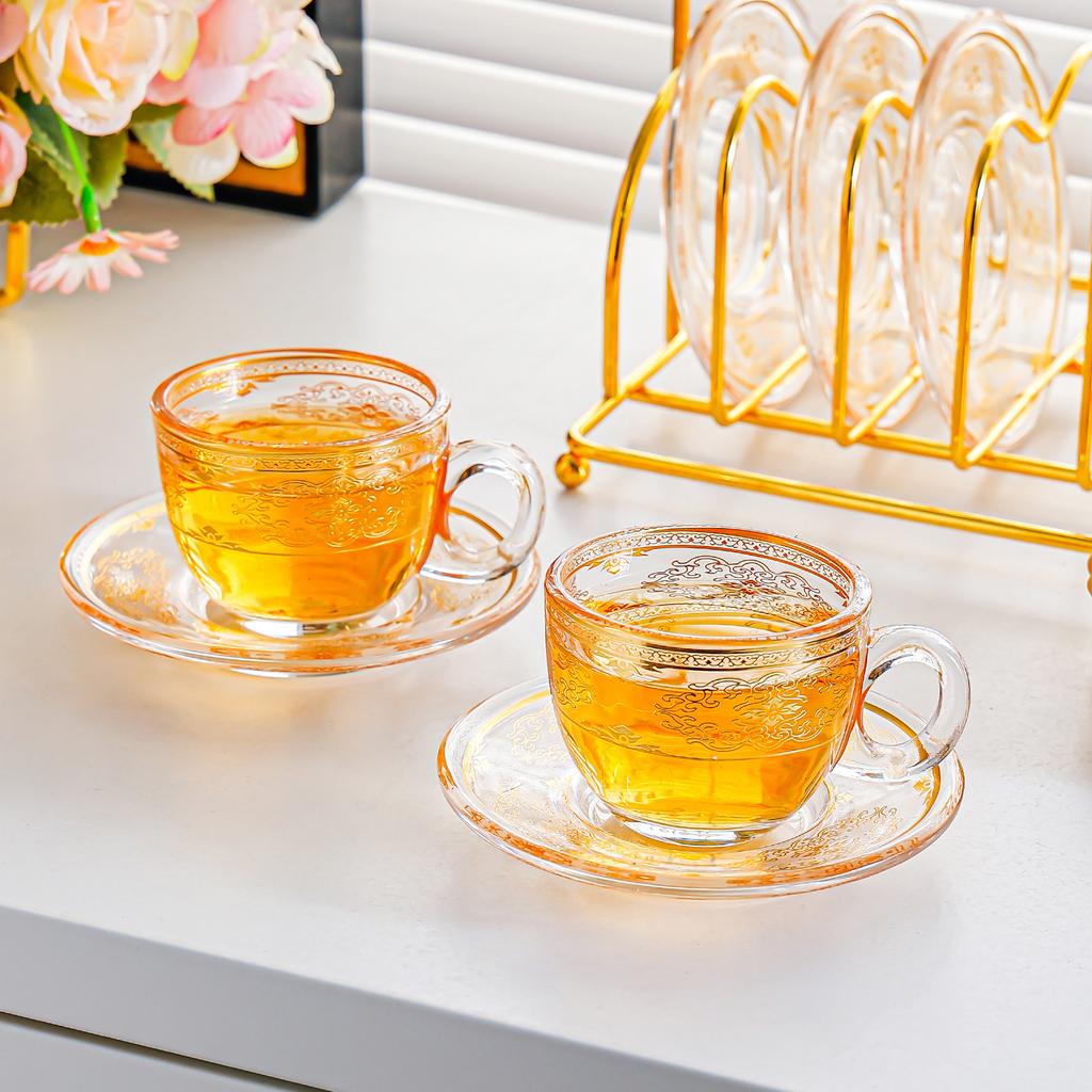 6 Pièces Style Européen Bordure Dorée Mini Tasses à Café en Verre Mug Luxe Léger Set de Tasses à Thé de l'Après-midi Ustensiles de Boisson Ménagers