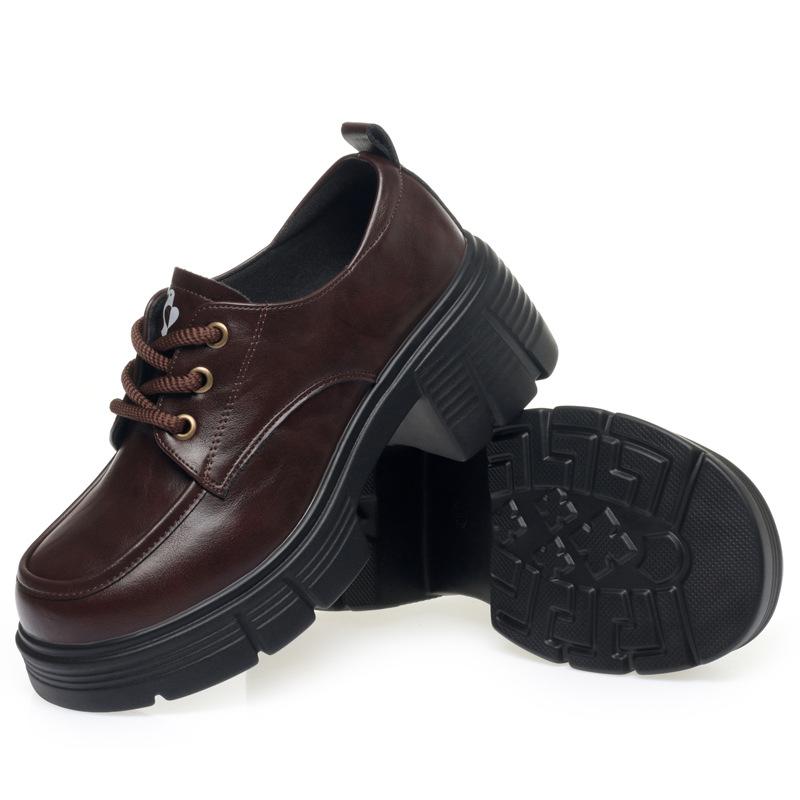 Height-enhancing British Style Leather Shoes for Women Thick-soled Lace-up Loafers Black Versatile Thick-heeled Shoes
