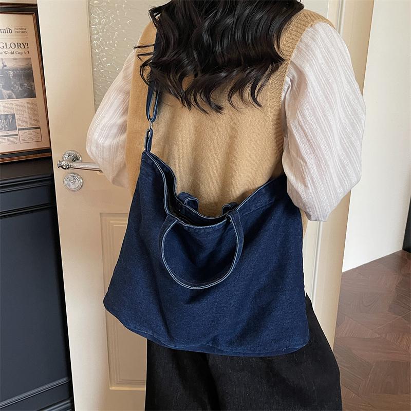 Large Capacity Denim Tote Bag Commuter Handbag Vintage Student Class Shoulder Crossbody Bag
