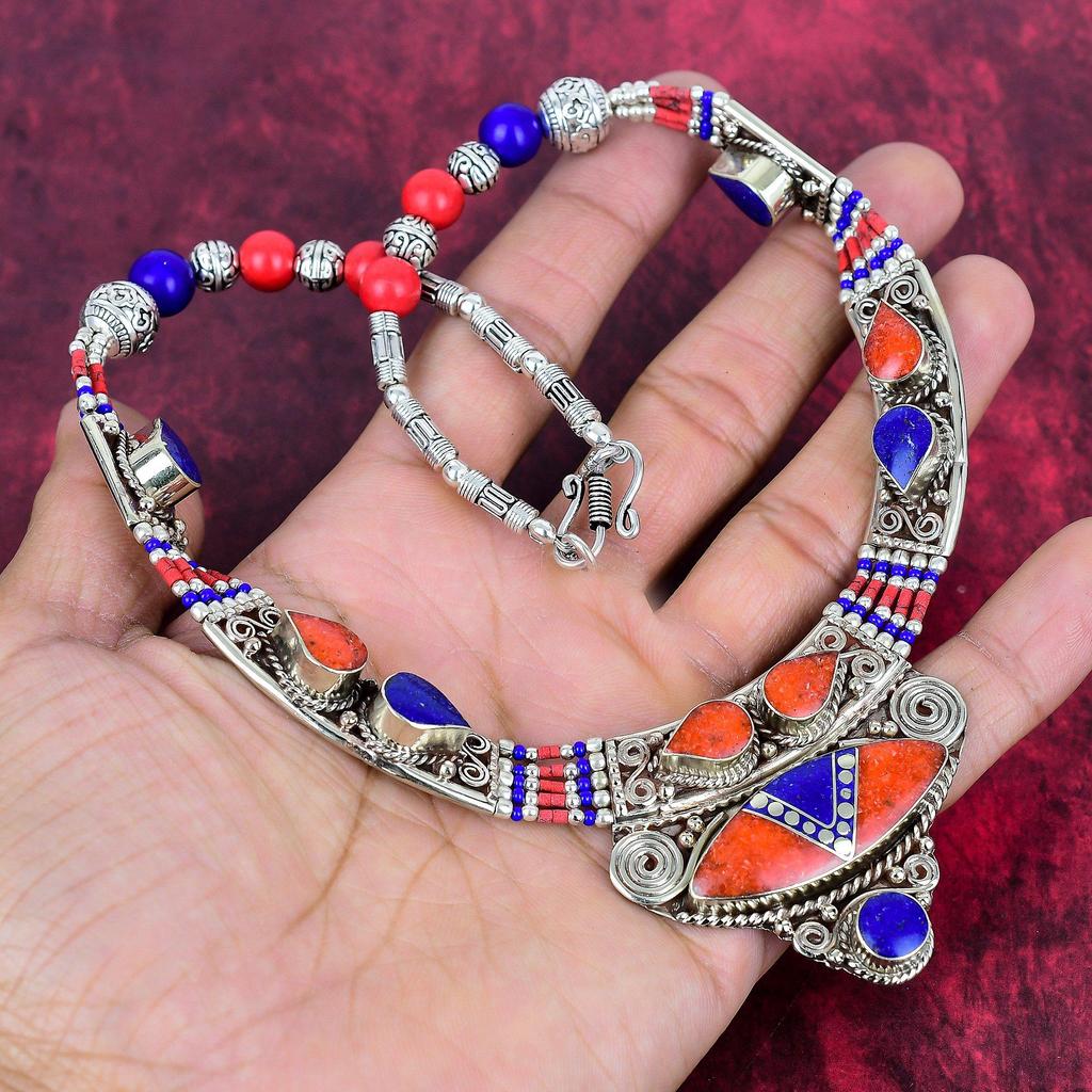 Lapis Lazuli, Coral Gemstone 925 Sterling Silver Necklace , Silver Jewelry Bohemian Antique Necklace, Handmade Jewelry Nepali Necklace Gift For Wife