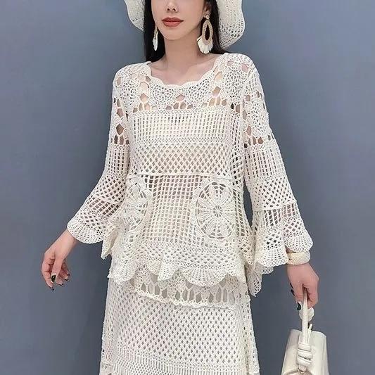 Spring Summer Women's Lace Set With Hollow Top Swing Long Skirt 2 Piece Set Elegant Lady Two Piece Set