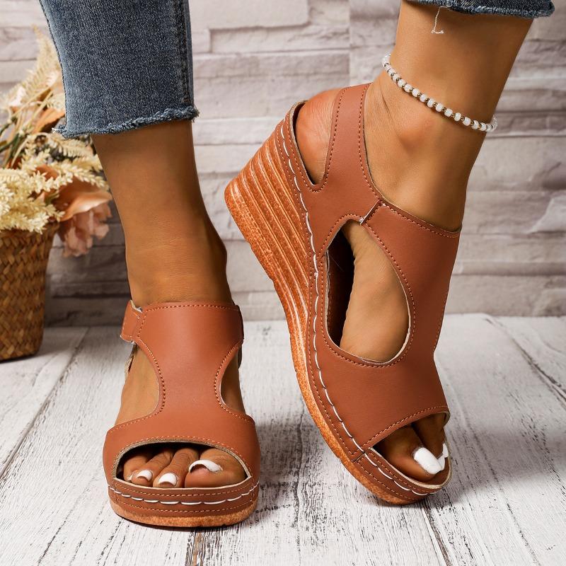 Summer New Large Size Sandals Women's Sewing Line Breathable Velcro Hollowed Wedge Sandals Women