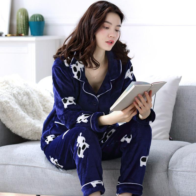 Suit Pajamas, Women's Coral Fleece Pajamas, Autumn and Winter Thickened Warm Flannel Pajamas, Women Can Wear Home Service Outside