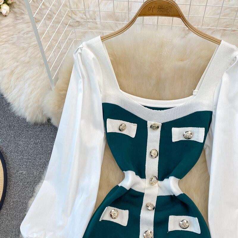Retro Hepburn Style Waist Waist Square Collar Ladies Temperament Black and White Patchwork Buttock Knitted Dress