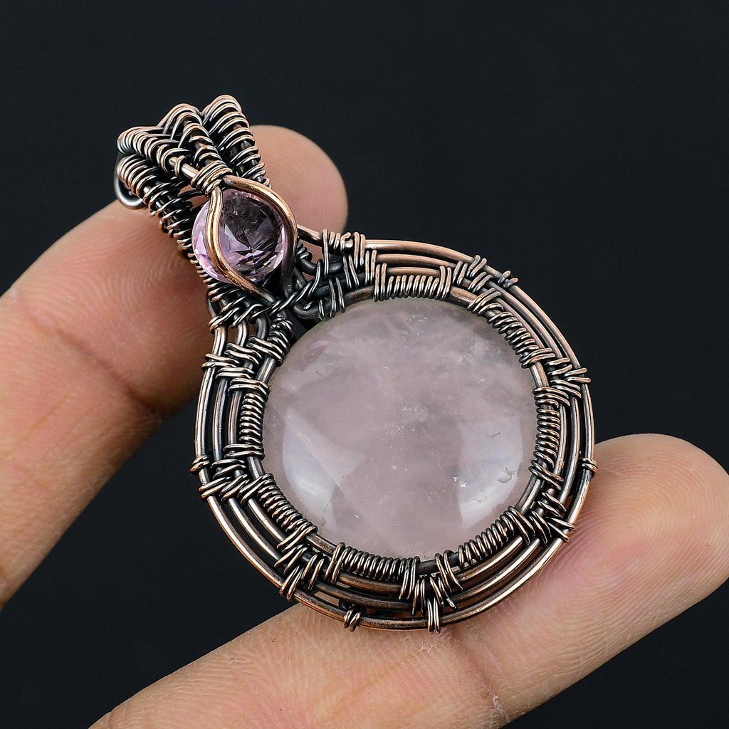 Rose Quartz Jewelry, 999 Copper Wire Wrapped Pendant Handmade Gemstone Jewelry, Gifts For Wife Brand New Pendant