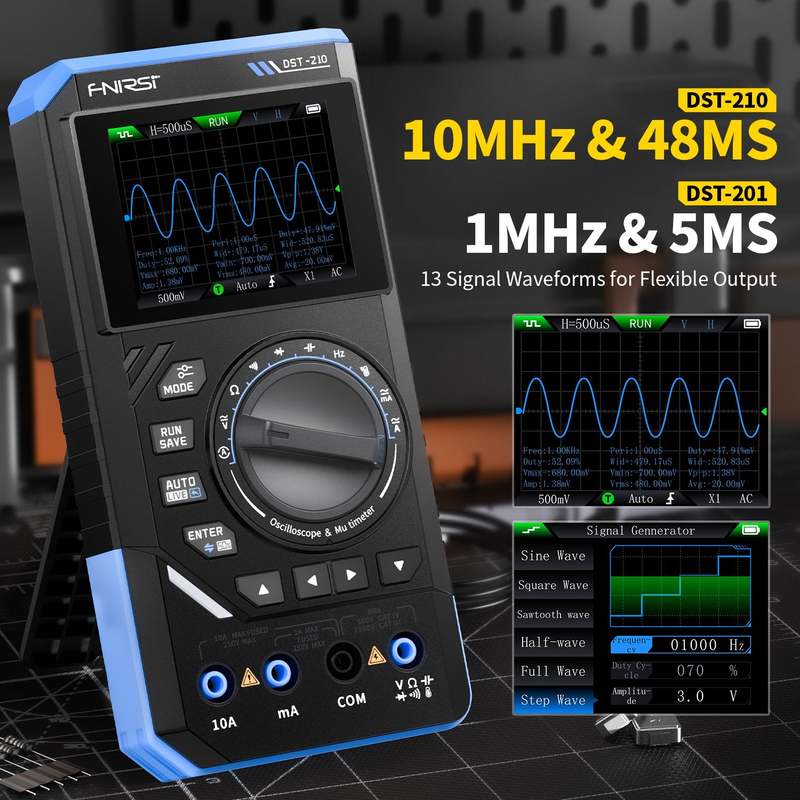 FNIRSI DST-210 3-in-1 Digital Oscilloscope Multimeter 19999 Counts 10MHz 48Msps Portable Automotive Oscilloscope Electrical Tool