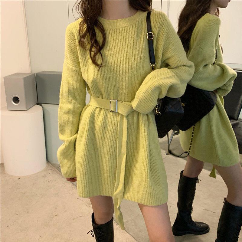 Women's Knit Dress Autumn Winter Simple Midi Sweater Dress Slim Fit Pullover Sweater Dress with Belt