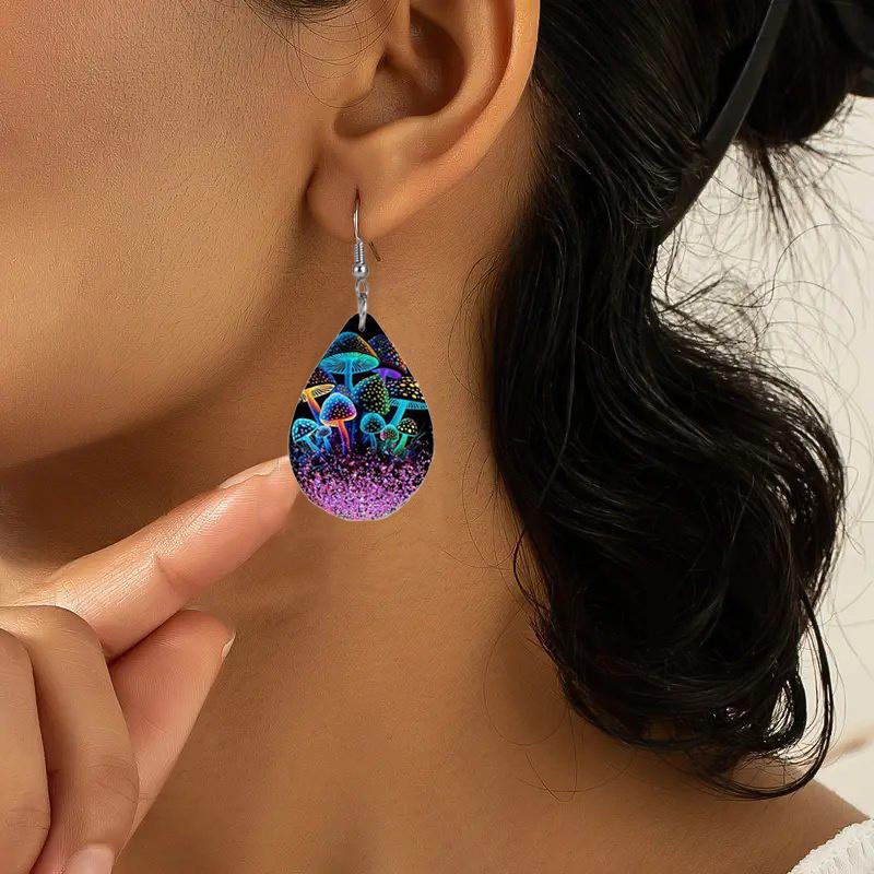 Glowing Mushroom Jellyfish Pattern PU Leather Earrings for Women Creative Fashion Earrings Double-sided Pattern Design Classic Water Drop Earrings