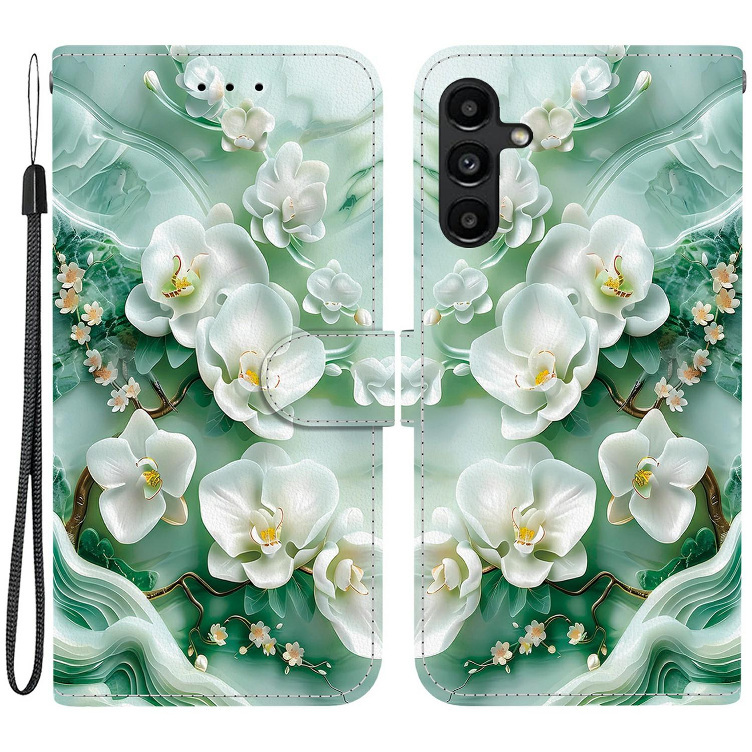 

For Samsung Galaxy A15 5G/4G Case Pattern Printing Anti-Drop Leather Flip Wallet Phone Cover with Lanyard Jade Flower
