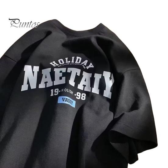 

Мужская летняя футболка с буквенным принтом, короткими рукавами, круглым вырезом, свободная ретро в японском стиле, повседневная одежда, уличная одежда для подростков, весенний топ M чёрный