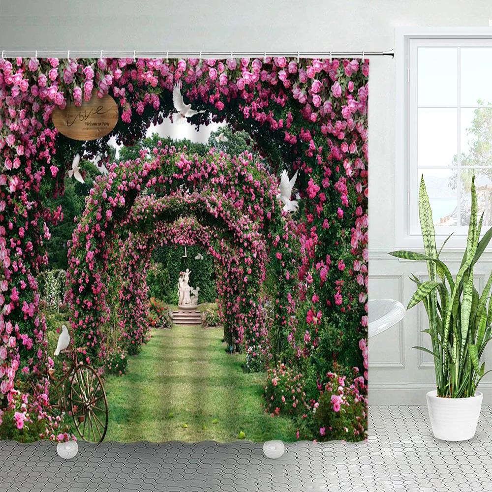 Spring Rural Landscape Shower Curtains Set Pink Flowers Tree Forest Natural Floral Green Plant Scenery With Hooks Bathroom Decor