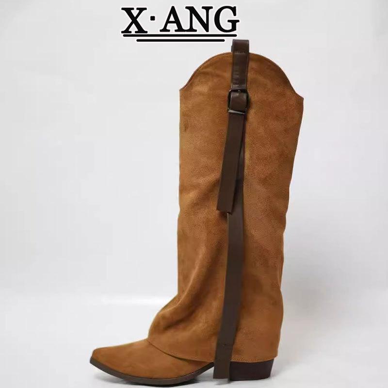 Cow Velvet Pointed Thick Heel Thin Trouser Boots Brown Knight Boots Knee High Boots Long Boots Western Cowboy Boots