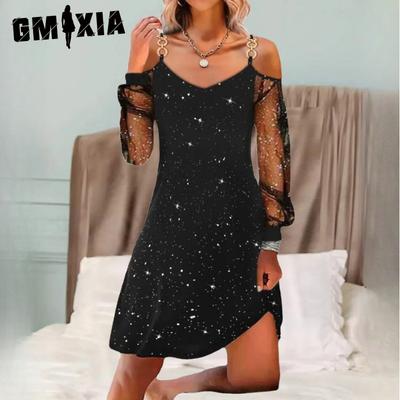 Women's Fashion Spring Autumn Solid Color Print Long Sleeve V-Neck High Waist Casual Dresses