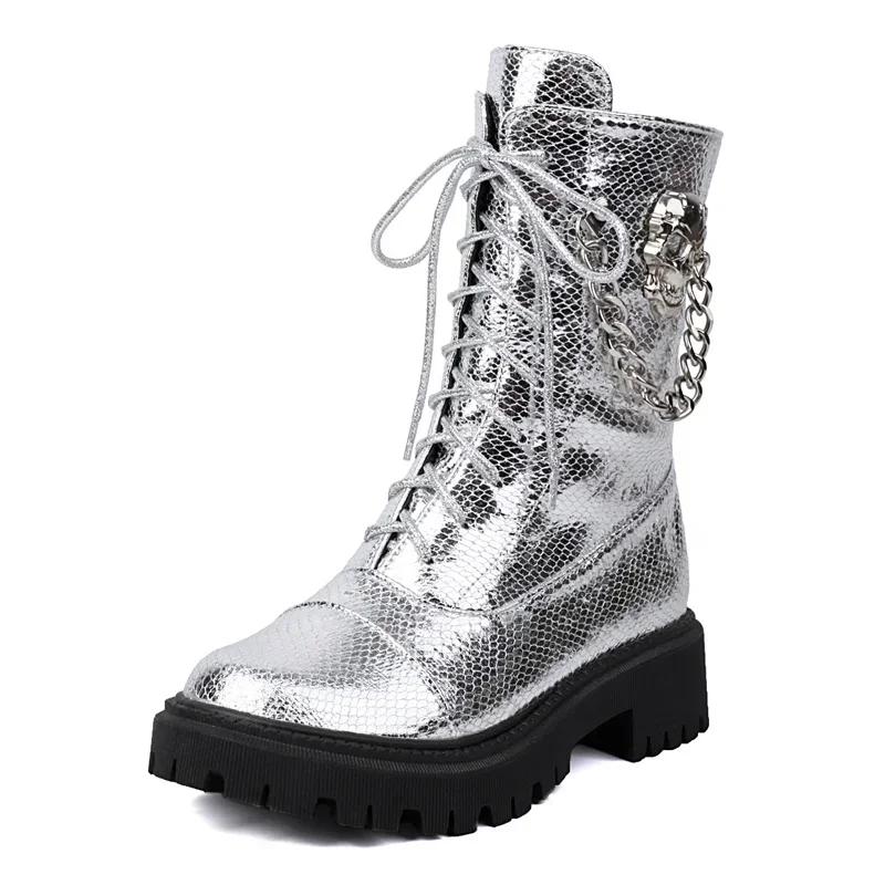 

Winter Women Ankle Boots Silver Gold Glitter PU Mid Thick Heels British Casual Party Ladies Lace-up Punk Skull Chain Short Boots 35 серебряный