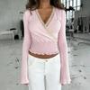 Spicy Girl Pink Lace Patchwork Ruched V-Neck Base Shirt
