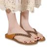 Womens Leather Flip Flops Size 12 Women Flip Flop Fashion Retro Beaded Decorative Round Toe Flat Bottom Chaussons Femme