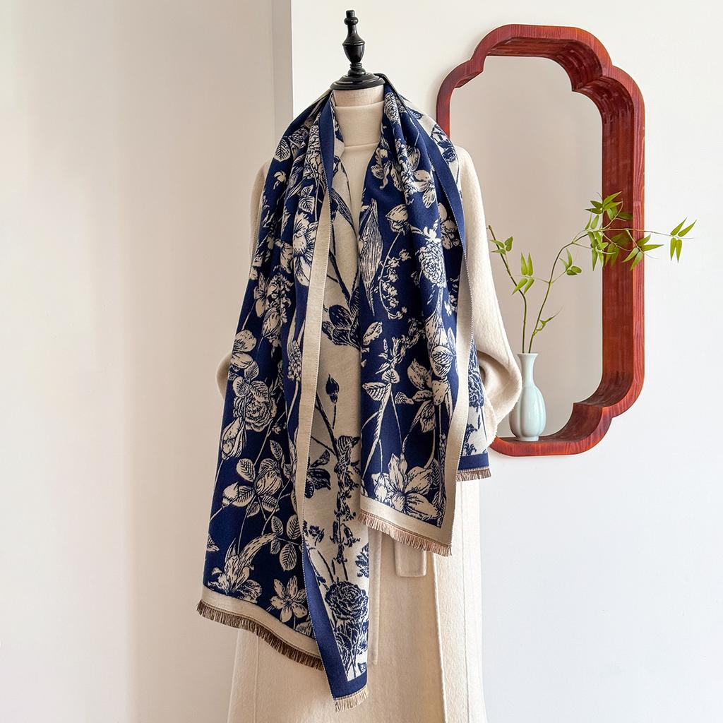  Women's Luxury Brand Cashmere Winter Scarf - Vintage Printed Shawl with Tassels, Pashmina Wrap & Bandana Poncho