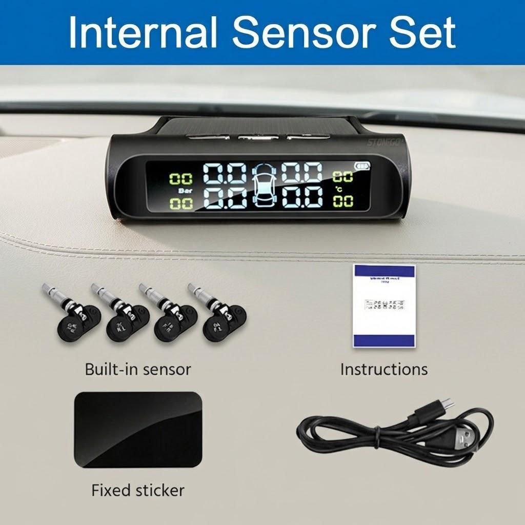

Solar Car Tire Pressure Monitor LCD Display USB Charging Digital TPMS with Internal External Sensors Auto Alarm for Vehicles
