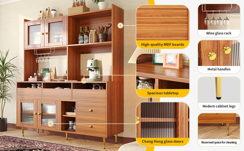 Restaurant Tall Cabinet (145 X 39 X 171 Cm), with Changhong Glass Door, Wine Glass Rack, Multi-Layer Storage, Wood Structure and Gold Decoration