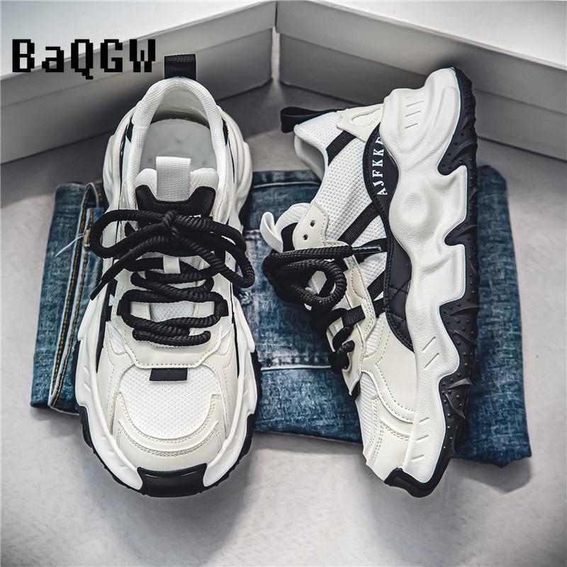Fashion Chunky Sneakers Men Soft Sole Running Shoes Fashion Casual Leather Color Block Design Breathable Height Increased Platform Shoes