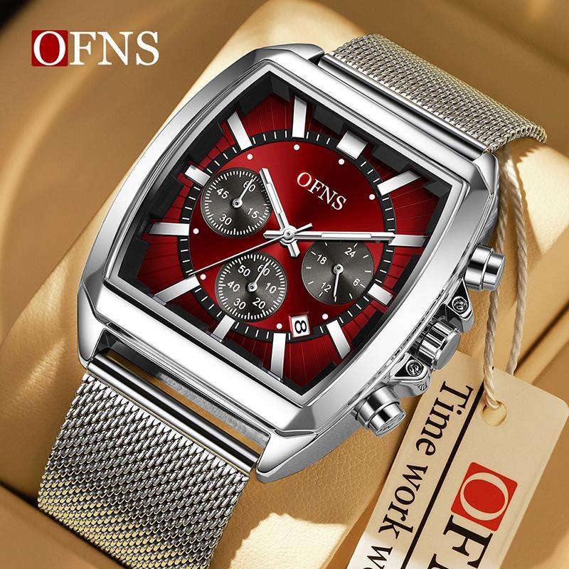 Herren Square Chronograph Armbanduhren Silikon-/Netzarmband, Luxuriöse Stilvolle Analoge Uhr für Arbeit & Streetwear
