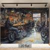 2D Ploché Tiskové Pozadí pro Fotografování na Řídítkách Motocyklu, Retro Scéna Biker Pubu pro Večírek a Domácí Dekoraci