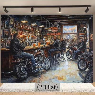 2D Flat Printing Motorcycle Bar Photography Backdrop, Retro Biker Pub Scene for Party and Home Decor