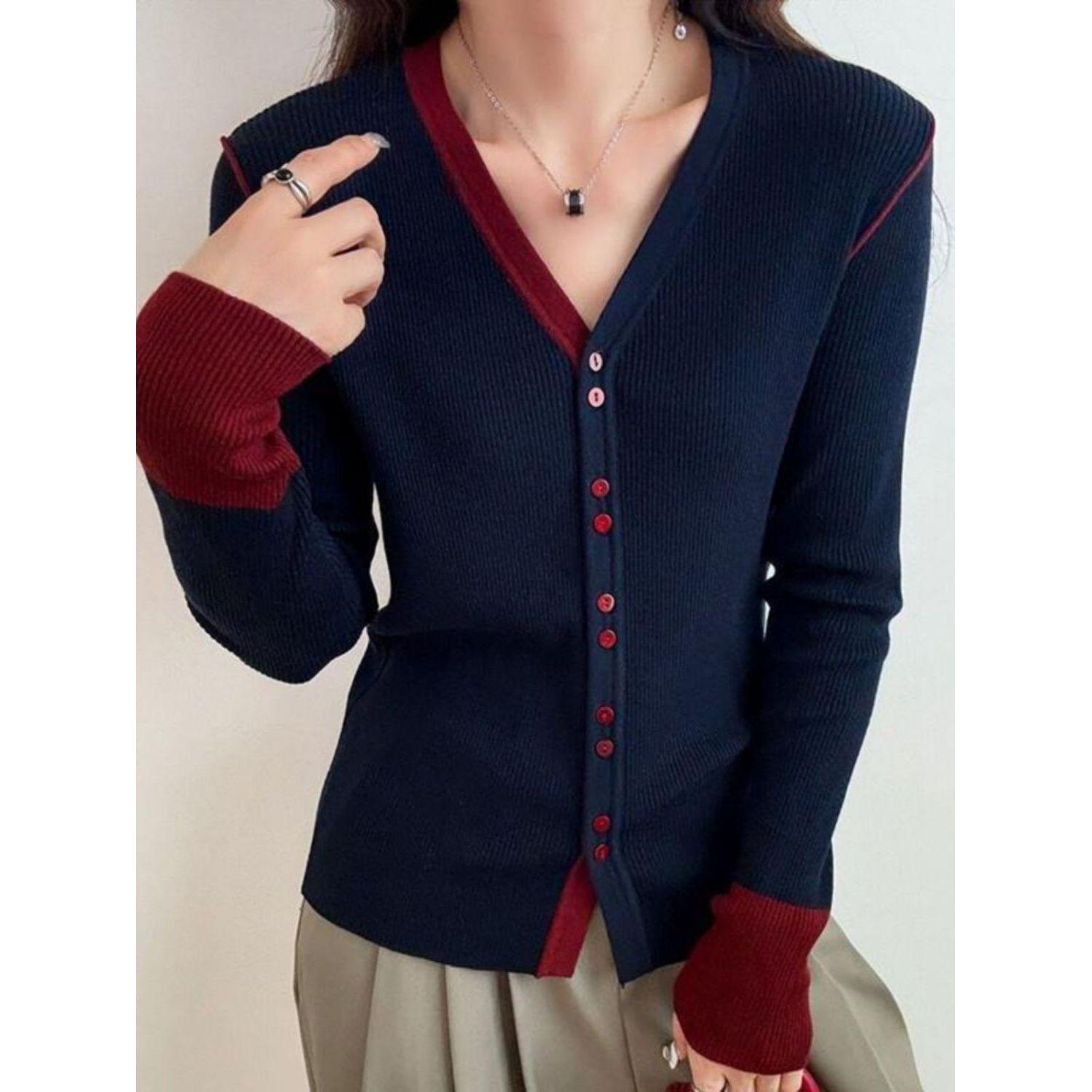 

2025 Autumn/Winter Women s Slim Fit Color Block Knit V-Neck Cardigan One Size
