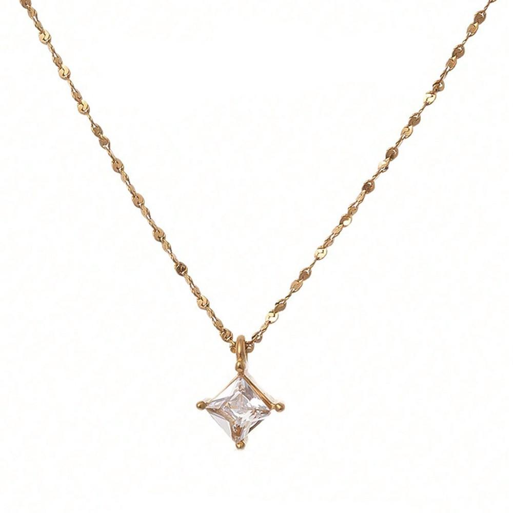Single Diamond Square Pendant Necklace, Gold-Plated Titanium Steel, Elegant and Durable Clavicle Chain.