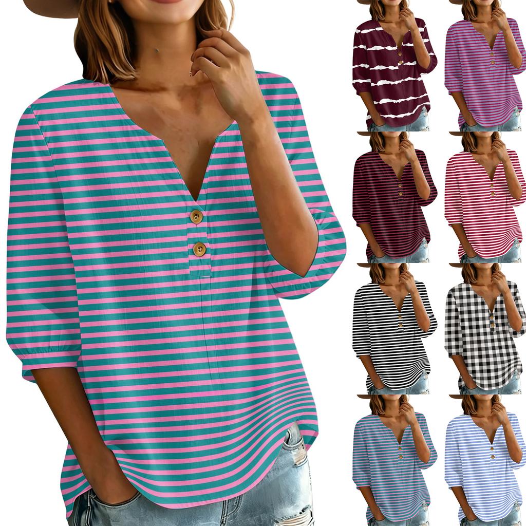 Women's Casual Henley Neck Button Front Shirt Three Quarter Sleeve Lightweight Cotton Linen Blend Top Striped Pattern Relaxed Fit