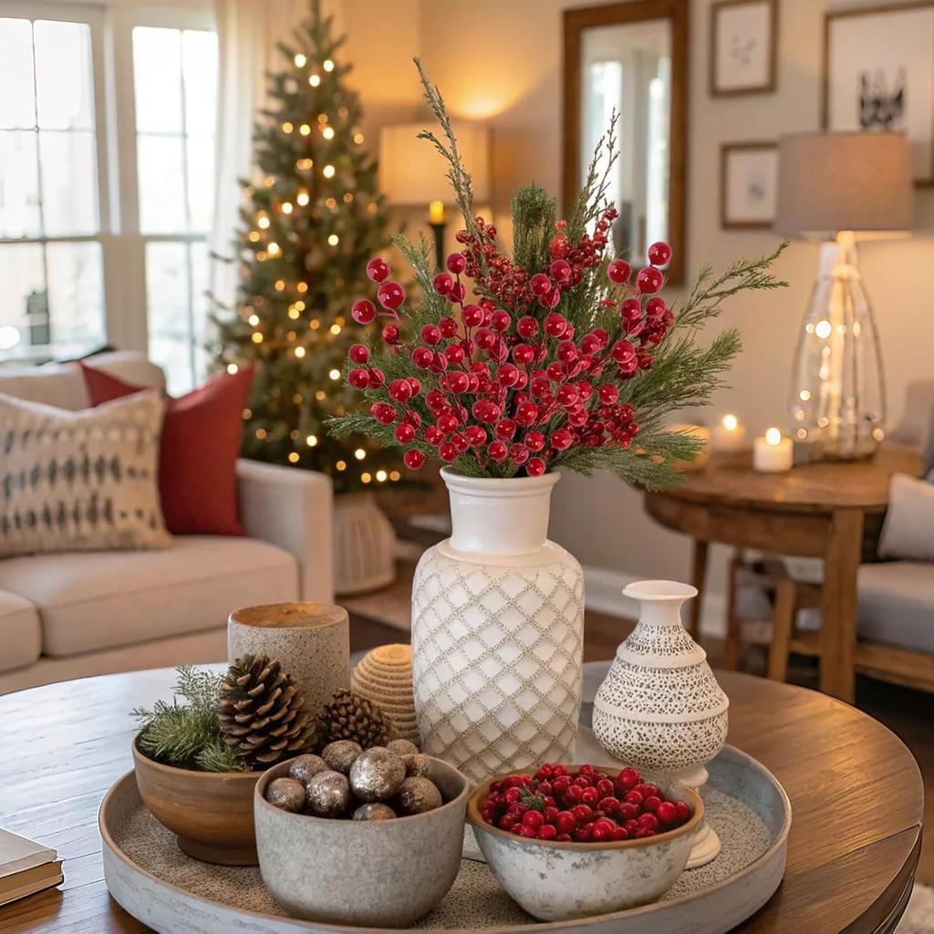 40pcs Red Faux Holly Berries Branches for Christmas Tree Wreath DIY Decor
