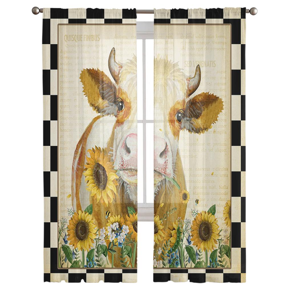 American Country Style Sunflower Cow Sheer Curtains for Living Room Modern Voile Curtain Bedroom Tulle Curtains Window Drapes