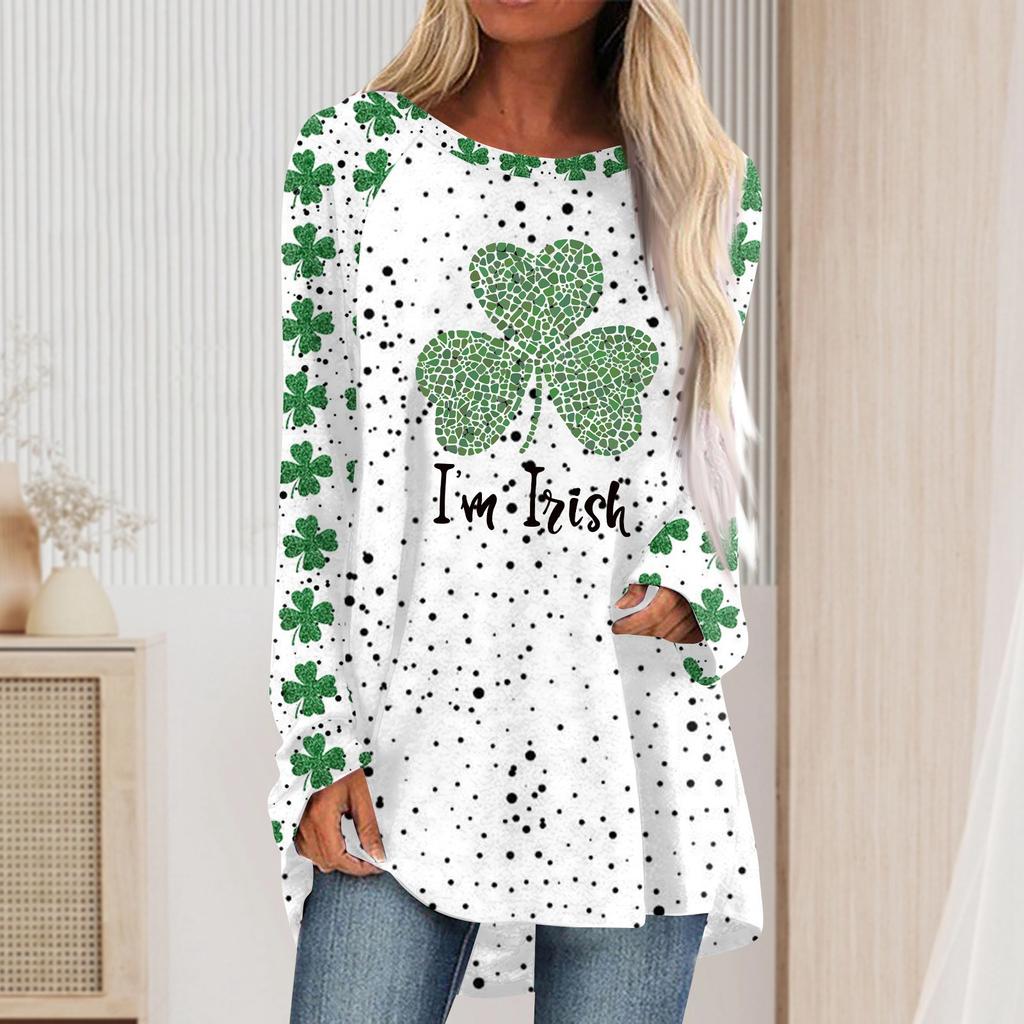 Fashionable Women's Casual Loose Round Neck Long Sleeved Saint Patrick Printed T-shirt Top