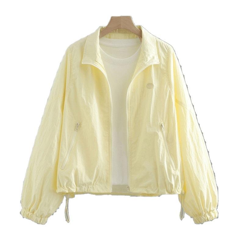 Summer Lightweight Drawstring Sun Protection Jacket Women Short New Suncreen Coat Korean Loose Letter Stand Collar Jacket Top