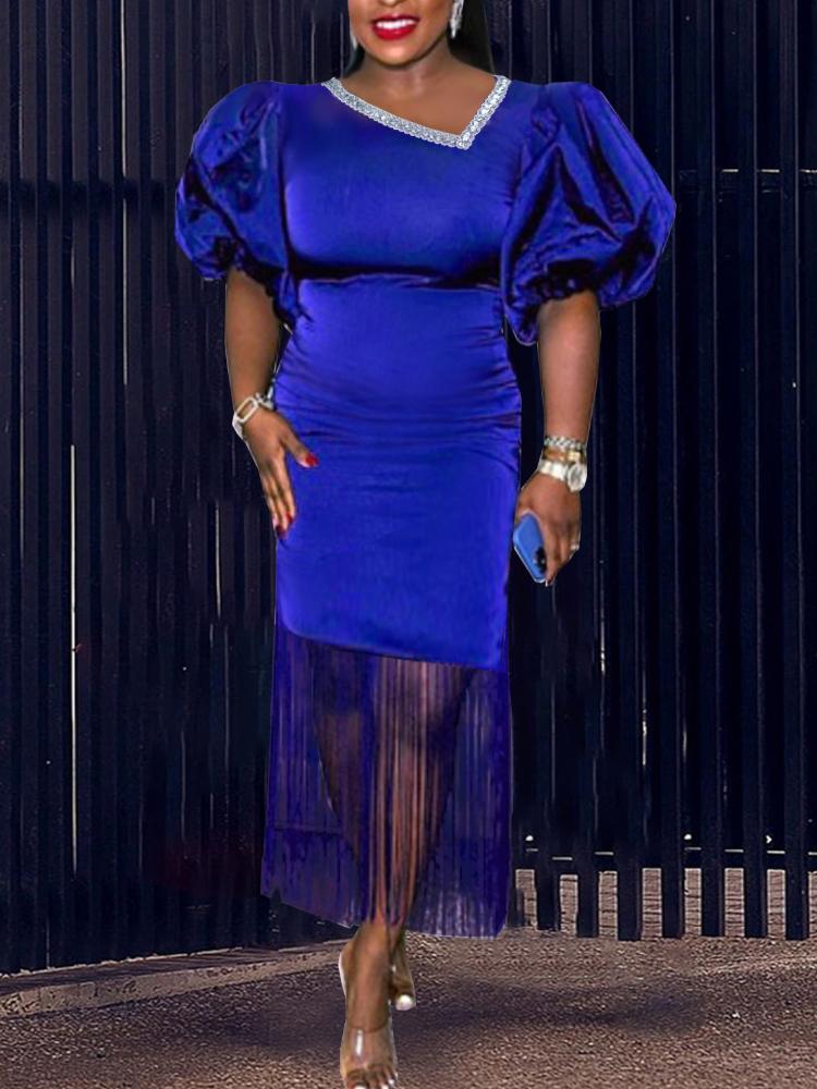 

Вечерние платья AOMEI для женщин, блестящие короткие рукава-фонарики, косой воротник, облегающий пакет, бедра с кисточками, официальное празднование мероприятия