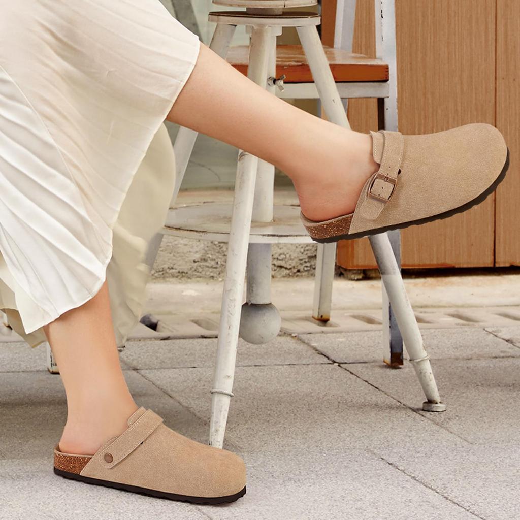 Fashion Crestar New Brooklyn Damen Wildleder Clogs Korkfußbett Rindsleder Pantoletten mit verstellbarem Slingback Mode Slipper Kartoffelschuhe