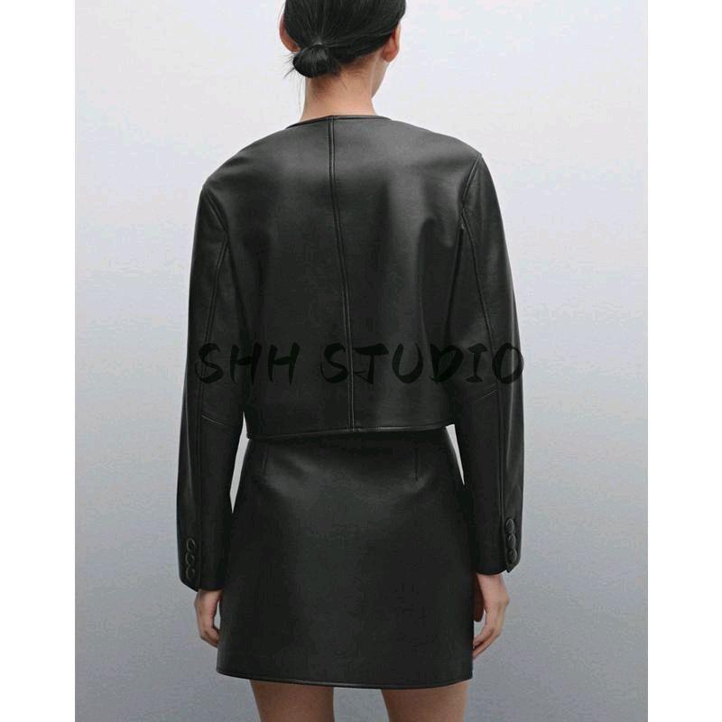 Anti-Leather Mini A- line Skirt 5304800 round Neck Long Sleeves Double Breasted Short Outwear 4701800