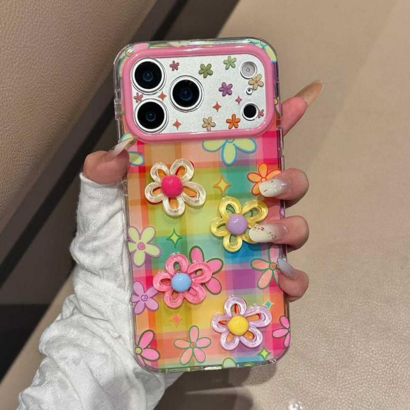 Colorful Plaid 3D Floral Hard Phone Case IPhone 15 16 17 Pro Max Womens Minimalist PC Cover